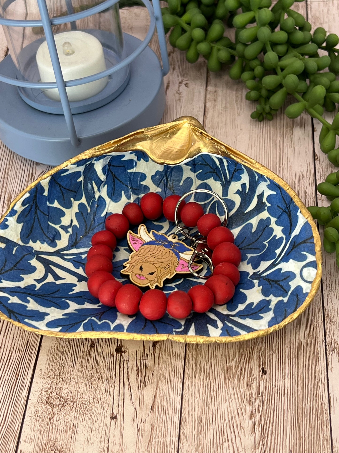 Extra Large Clam Shell Ring Dish with Blue Leaves